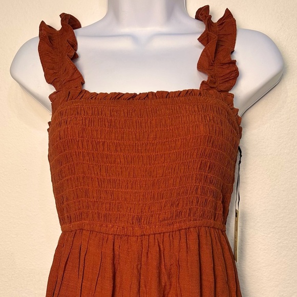 Rust Smocked Ruffle Strap midi Dress - Picture 3 of 11